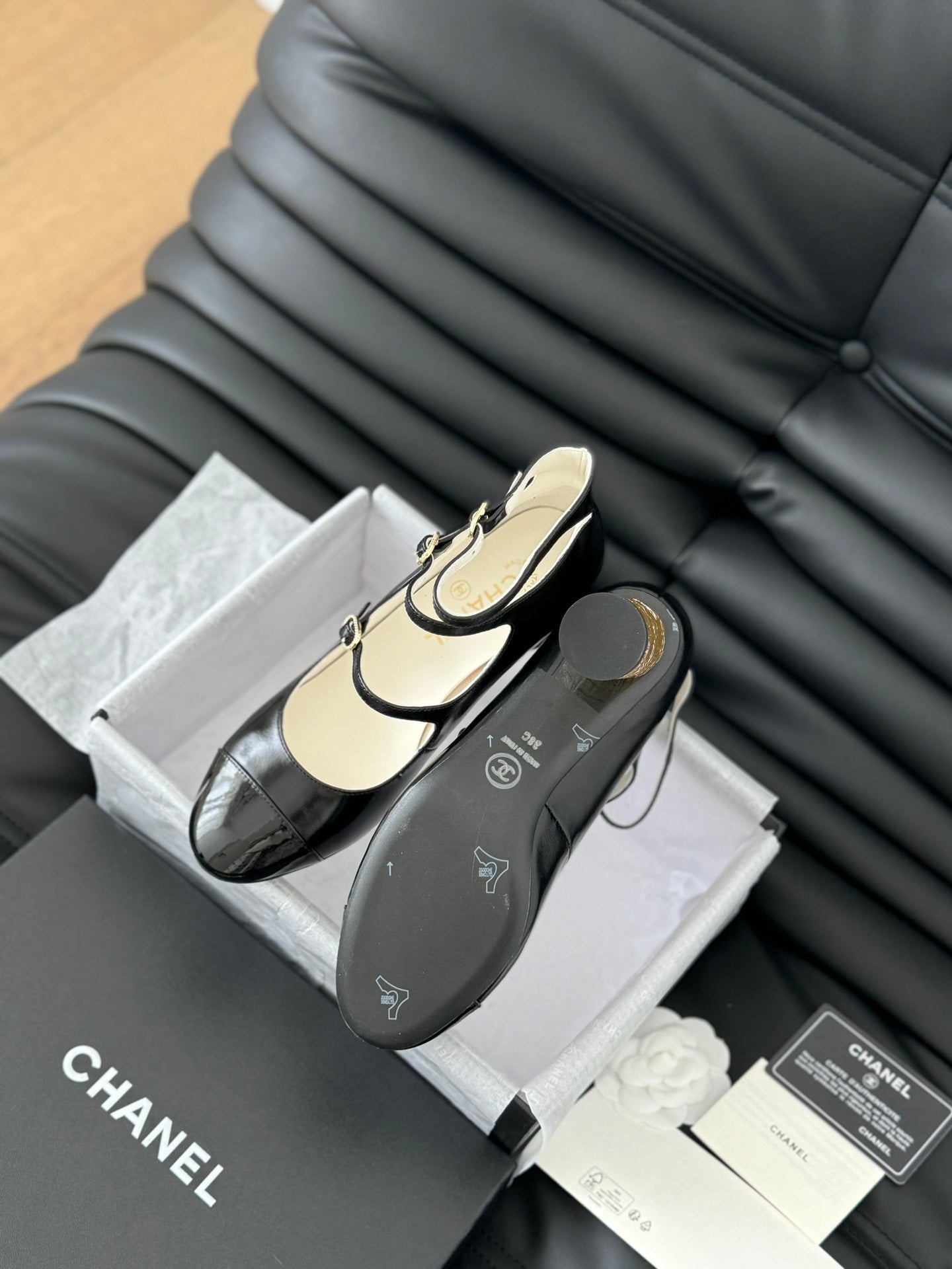 CC MARY JANE SHOES THREE STRAPS BLACK LAMBSKIN WITH GOLD HARDWARE - 35