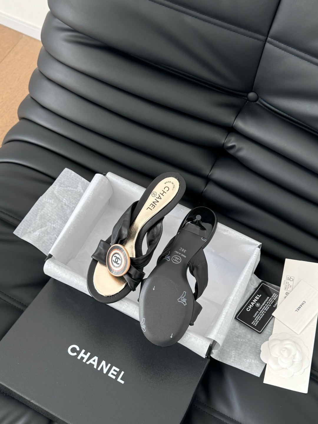 BLACK LAMBSKIN CC SLIDE SANDALS - 35