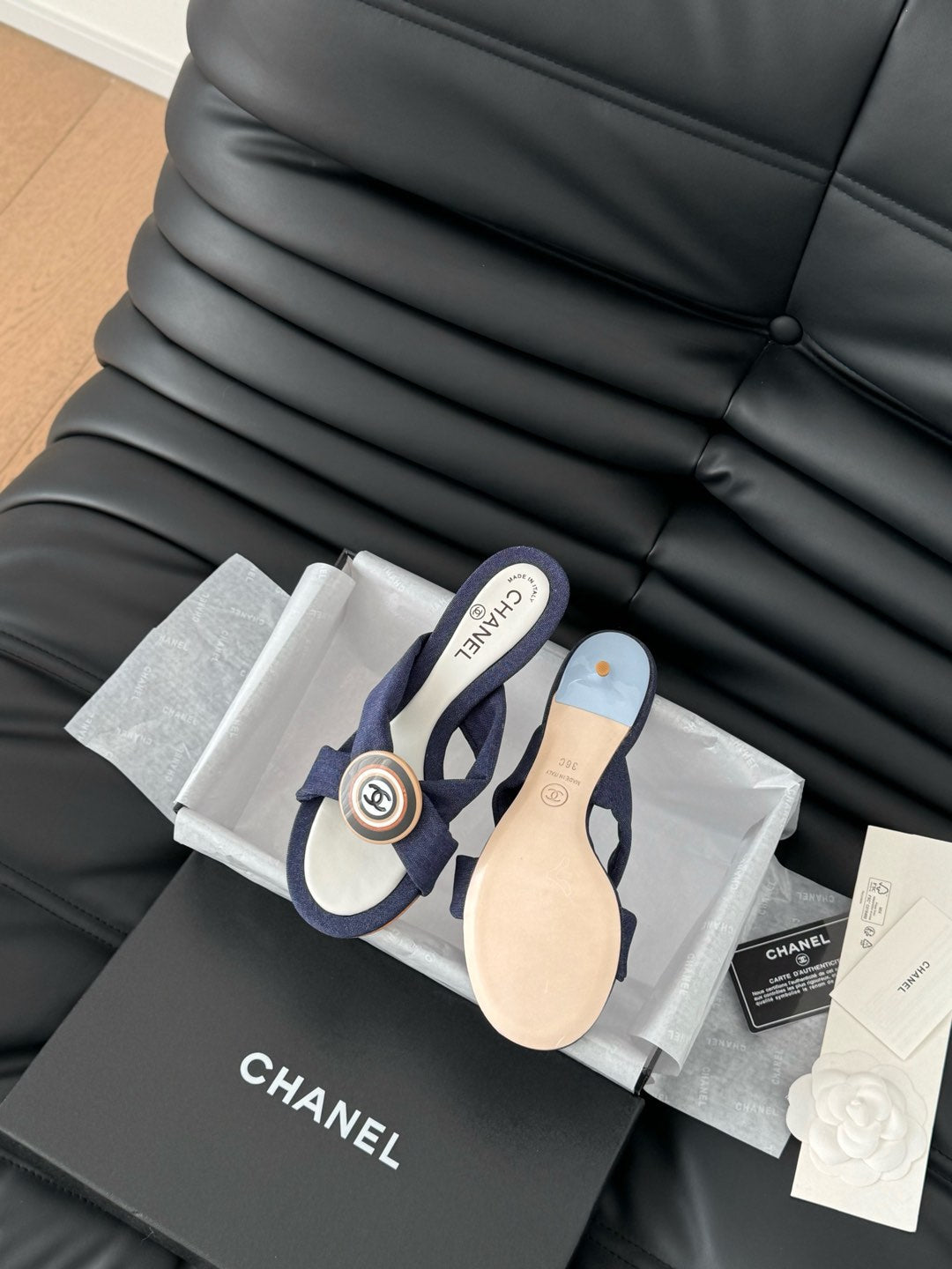 NAVY BLUE FABRIC CC SLIDE SANDALS - 35