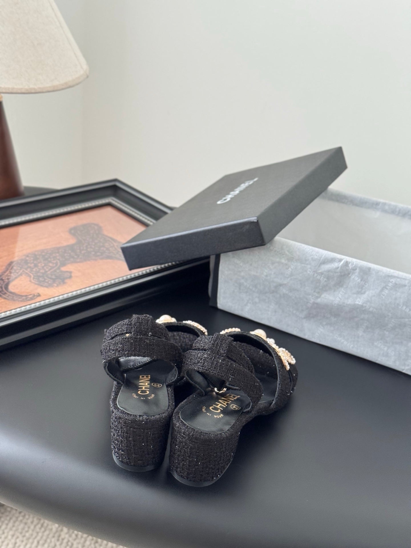 HIGH SANDALS IN BLACK TWEED WITH LOGO STICKER DETAIL - 35