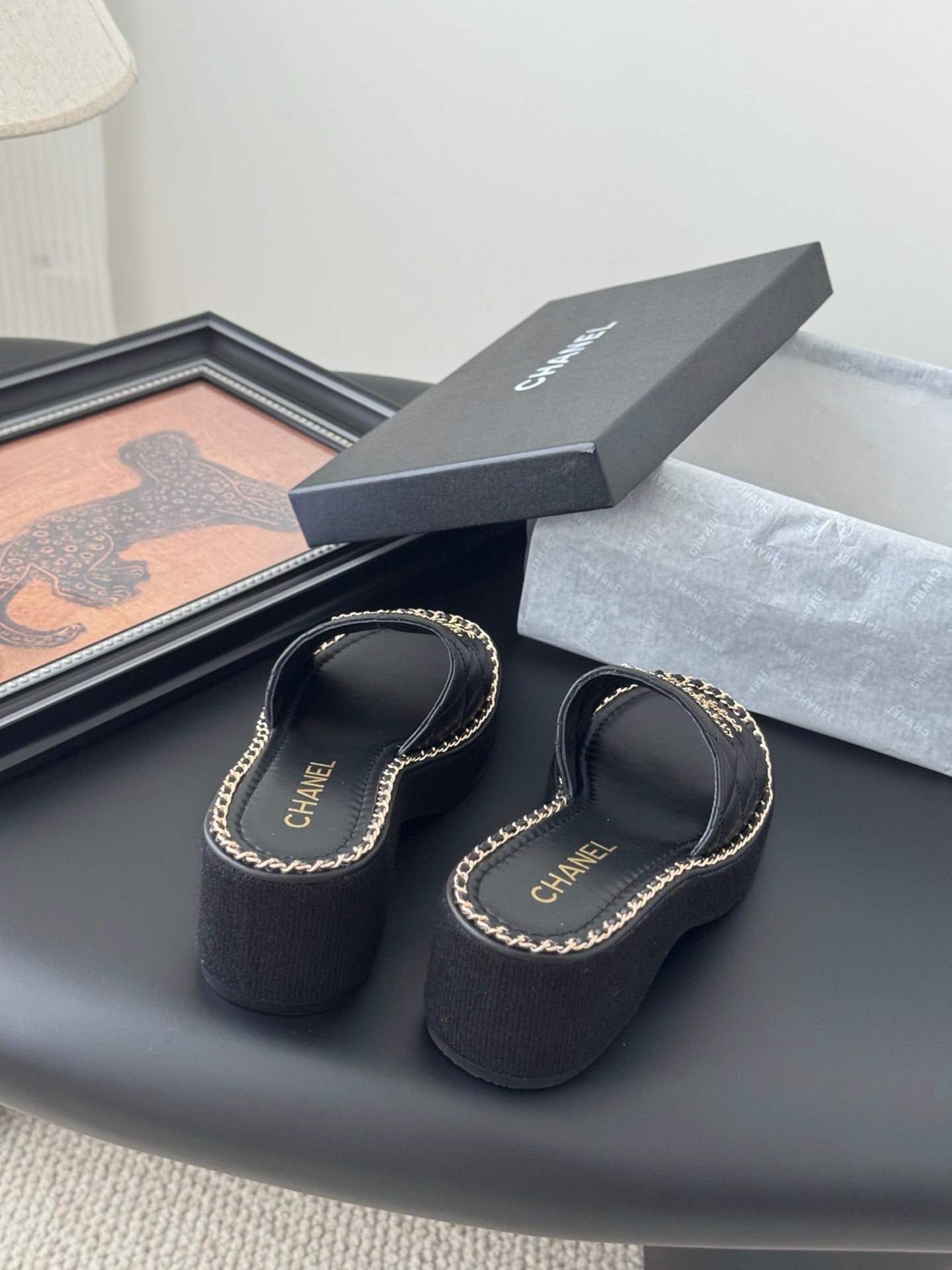 WEDGE HEELS IN BLACK CALFSKIN MIX CHAIN BASE - 35