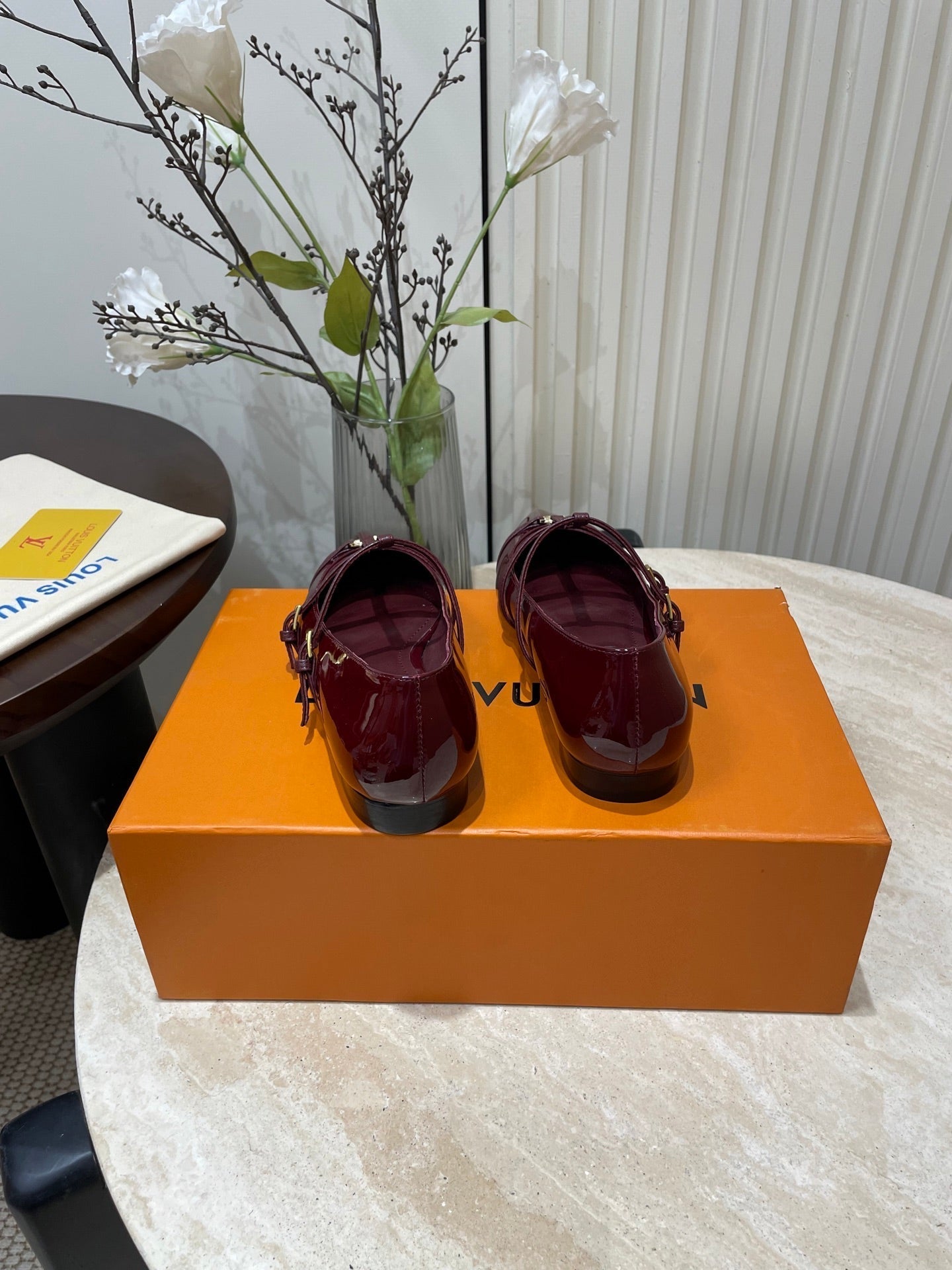 POINTED-TOE TRIPLE-STRAP BALLET FLAT IN BURGUNDY RED PATENT CALFSKIN - 35