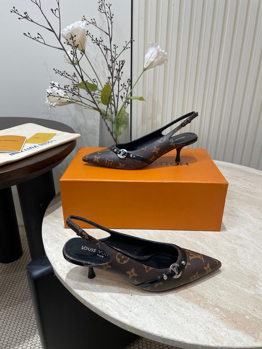HIGH SLINGBACKS 5 CM IN CHOCOLATE BROWN MONOGRAM CALFSKIN - 35