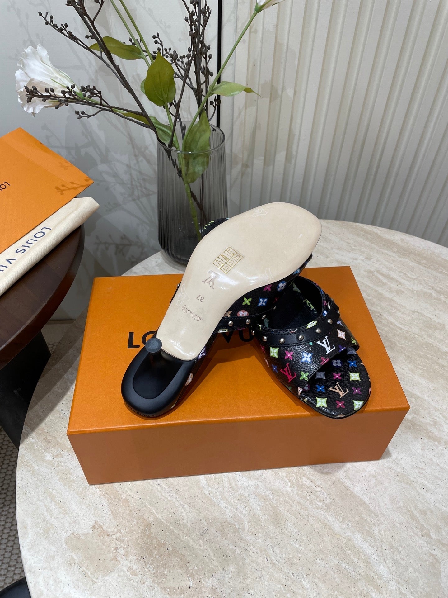 HIGH 5 CM MULES IN BLACK MONOGRAM LAMBSKIN - 35