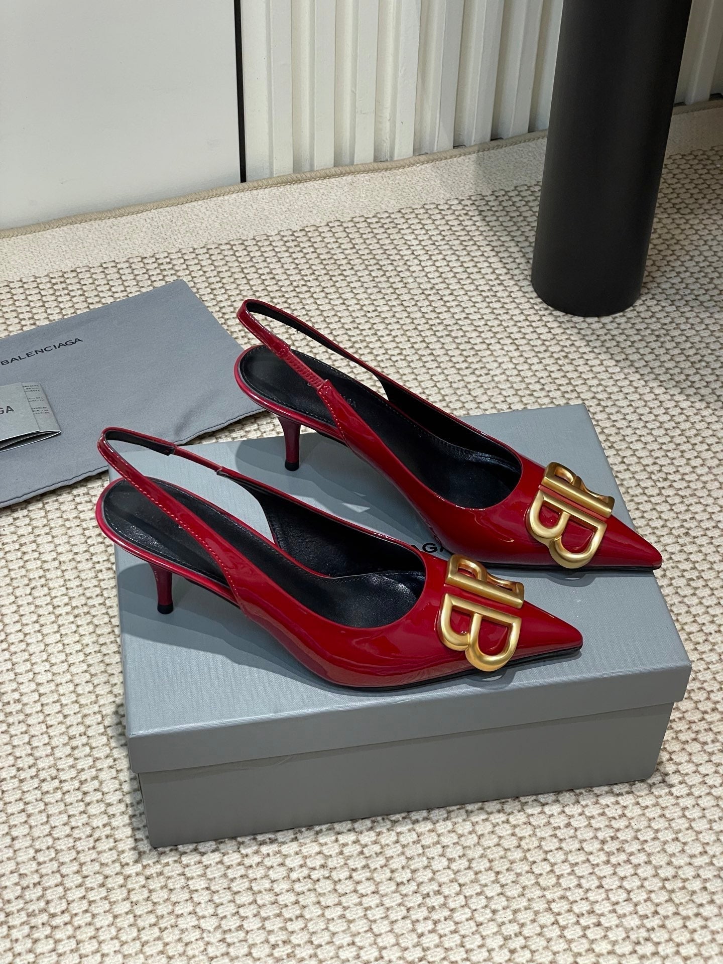 POINTED BB GOLD BUCKLE HIGH SLINGBACK 60MM IN RED PATENT CALFSKIN - 35