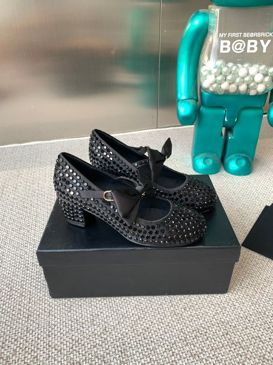 CC MARY JANES SHOES IN BLACK SATIN WITH RHINESTONES - 35