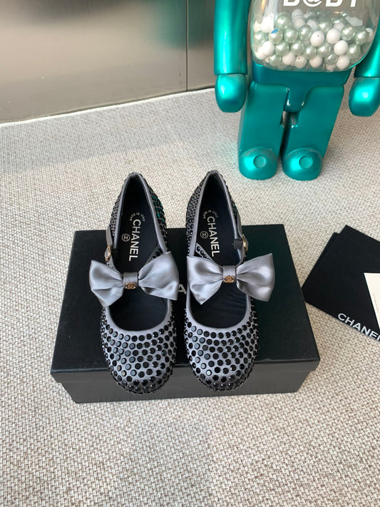 CC MARY JANES SHOES IN STEEL GRAY SATIN WITH BLACK RHINESTONES - 35