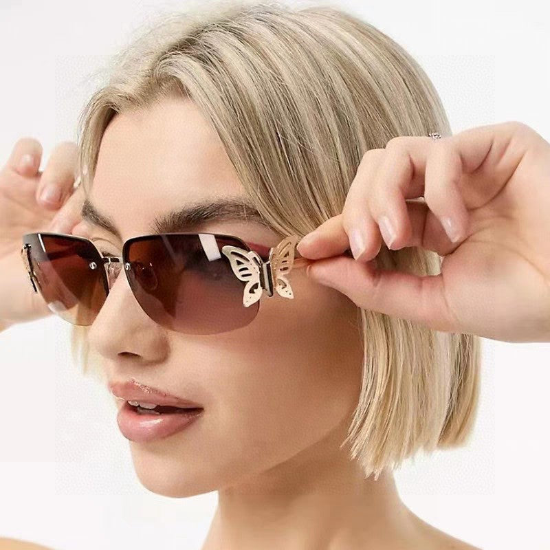 BUTTERFLY EMBELLISHED RIMLESS RECTANGULAR FRAME SUNGLASSES 570245 IN METAL - Black