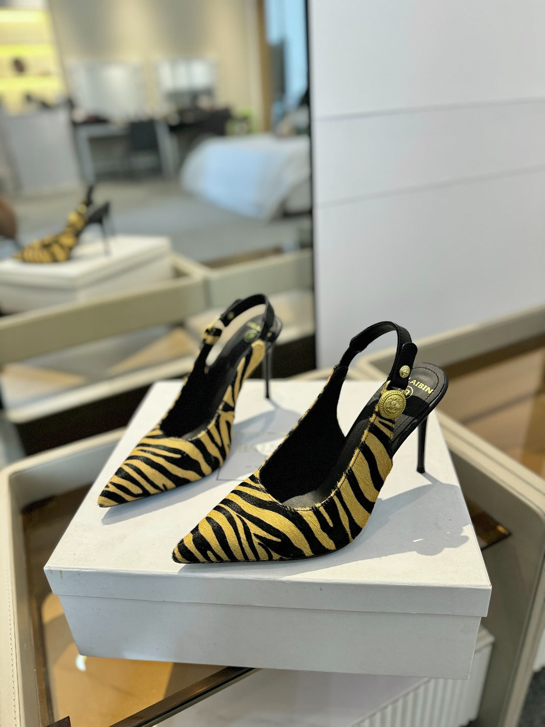 BALMAIN 25S SLINGBACK EVA 95MM IN YELLOW AND BLACK ZEBRA PRINT CALFSKIN - 36
