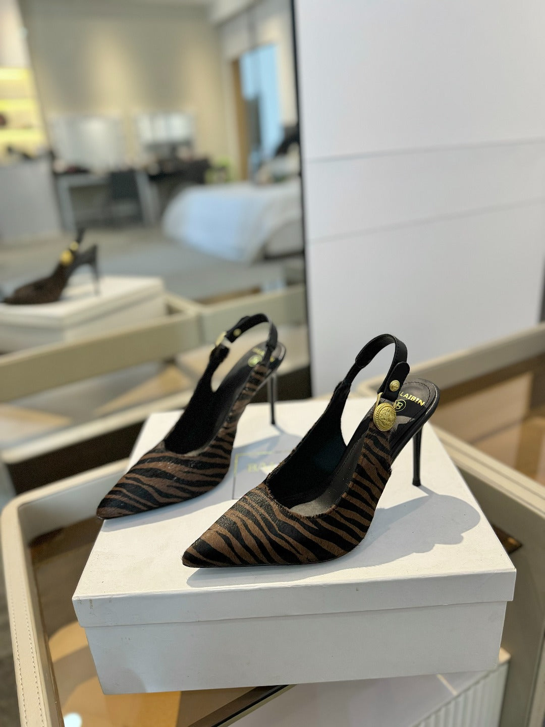 BALMAIN 25S SLINGBACK EVA 95MM IN BROWN AND BLACK ZEBRA PRINT CALFSKIN - 36