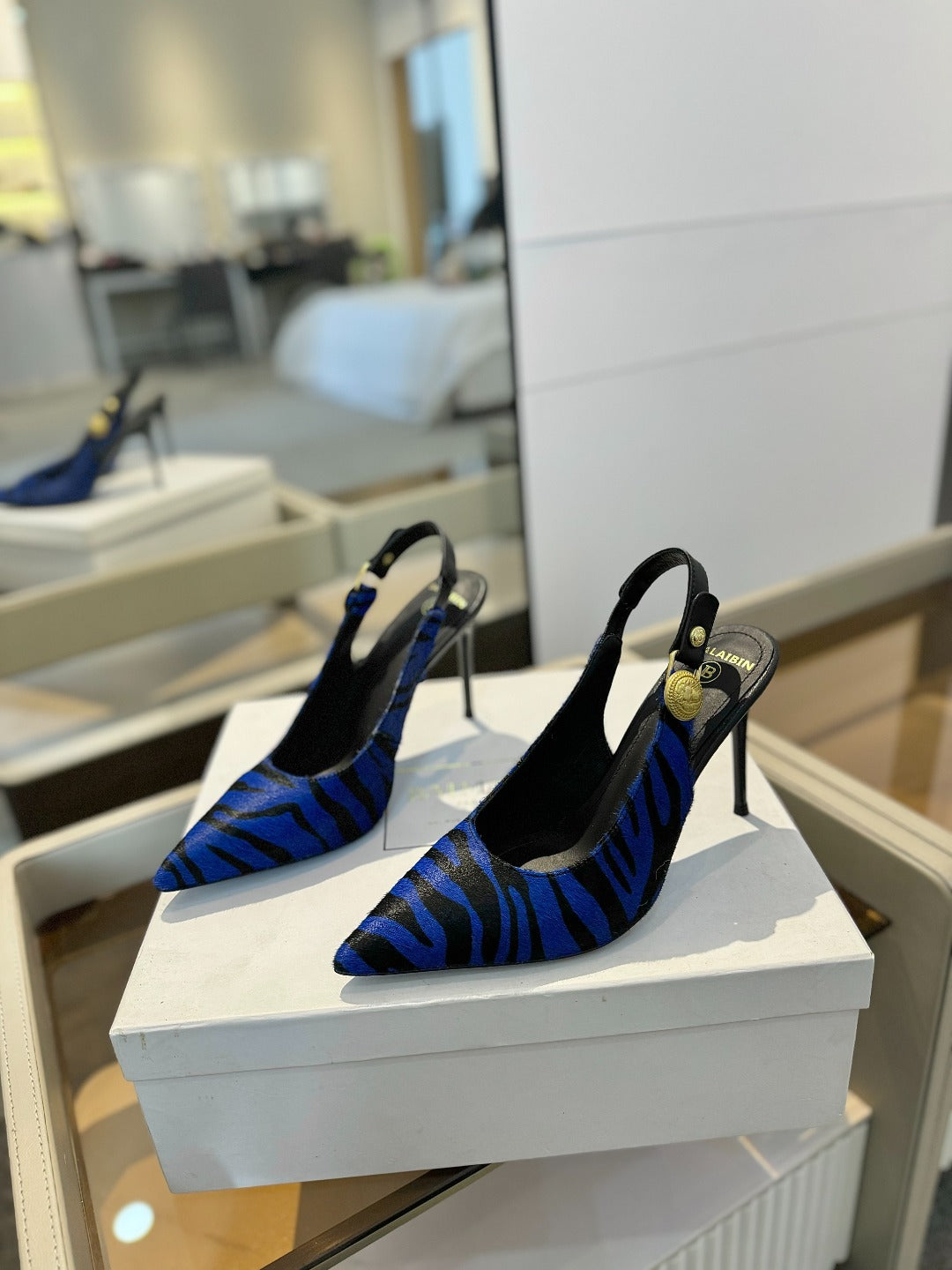 BALMAIN 25S SLINGBACK EVA 95MM IN BLUE AND BLACK ZEBRA PRINT CALFSKIN - 36