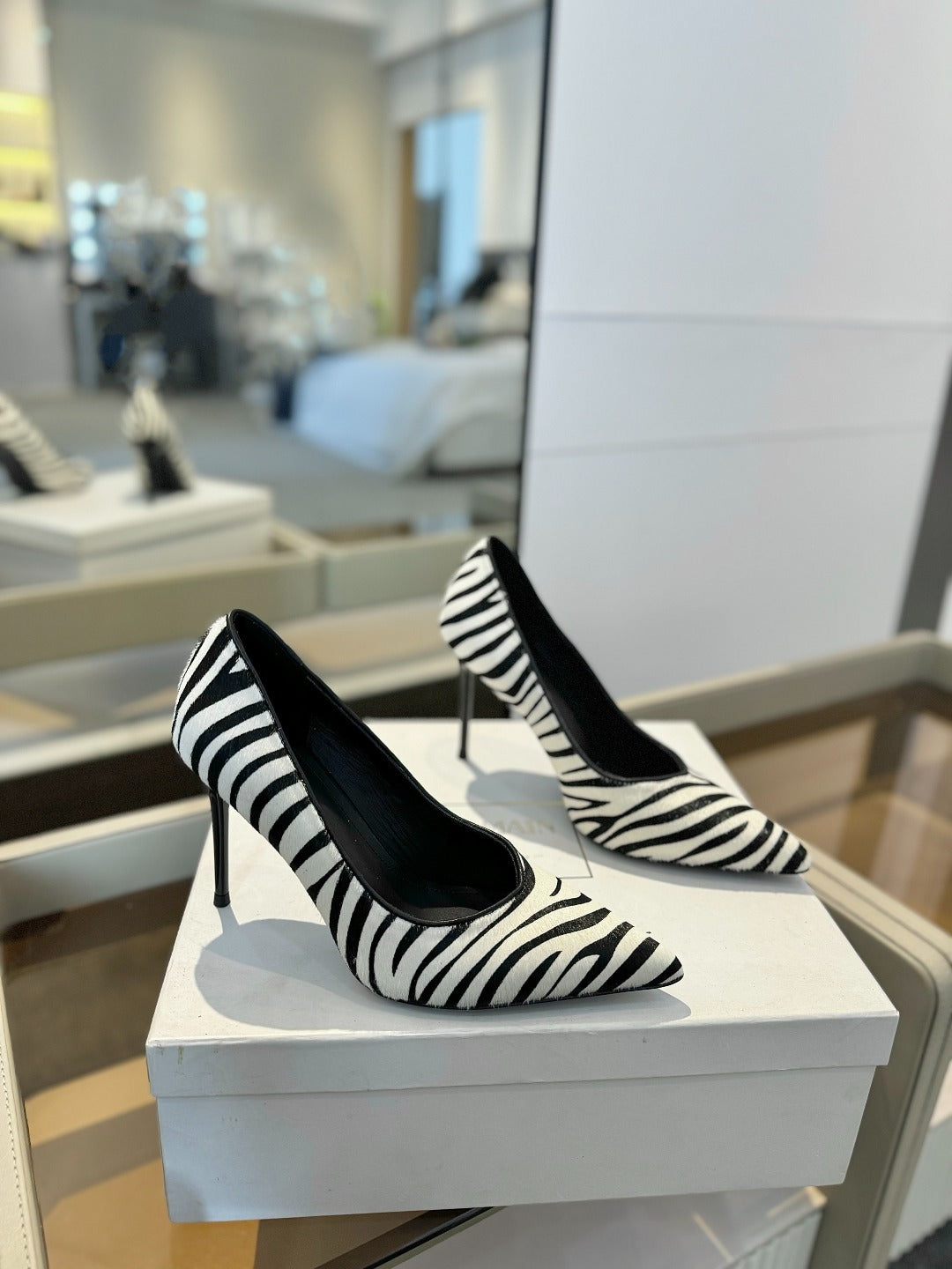 BALMAIN 25S HIGH HEELS 95MM IN WHITE AND BLACK ZEBRA PRINT CALFSKIN - 36