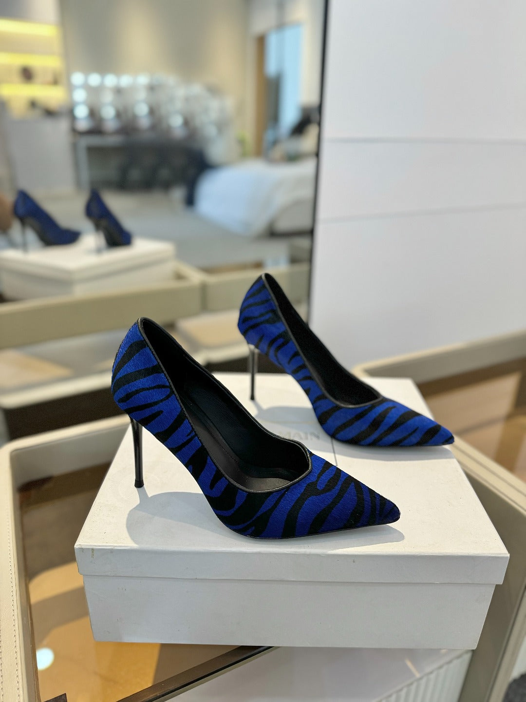 BALMAIN 25S HIGH HEELS 95MM IN BLUE AND BLACK ZEBRA PRINT CALFSKIN - 36