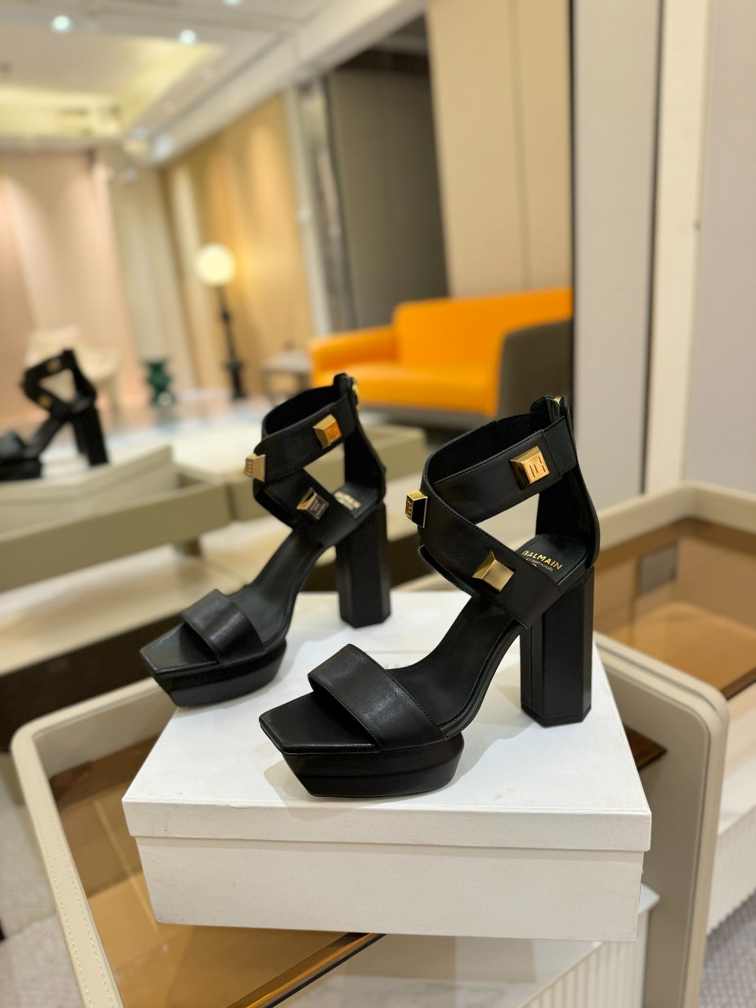 BALMAIN 25S WEDGE HEELS 105MM IN BLACK CALFSKIN GOLD HARDWARE - 36