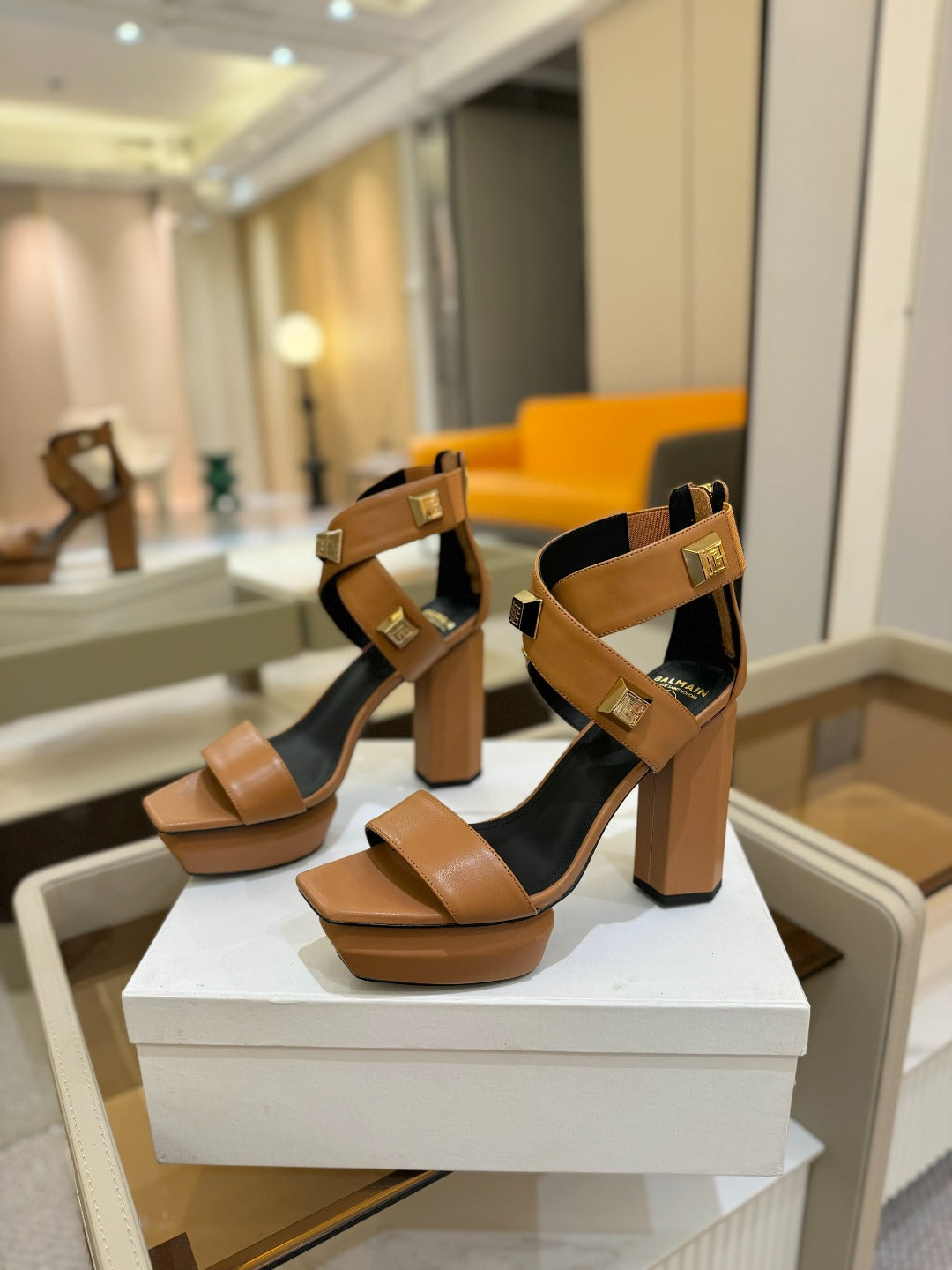 BALMAIN 25S WEDGE HEELS 105MM IN DARK BROWN CALFSKIN GOLD HARDWARE - 36
