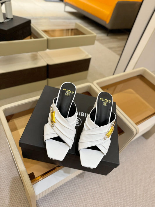 BALMAIN 25S WEDGE HEEL SANDALS 100MM IN WHITE CALFSKIN - 36