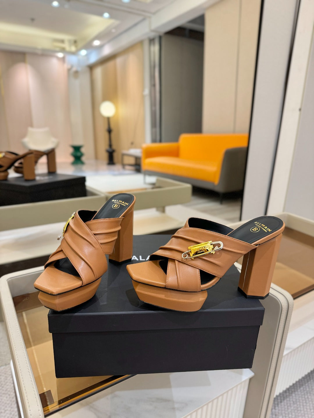 BALMAIN 25S WEDGE HEEL SANDALS 100MM IN BROWN CALFSKIN - 36