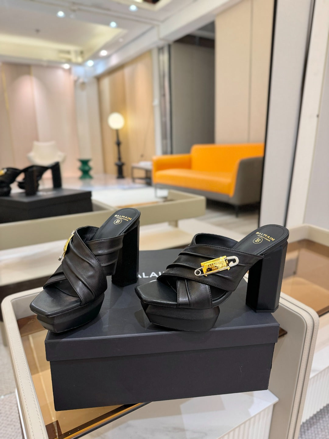 BALMAIN 25S WEDGE HEEL SANDALS 100MM IN BLACK CALFSKIN - 36