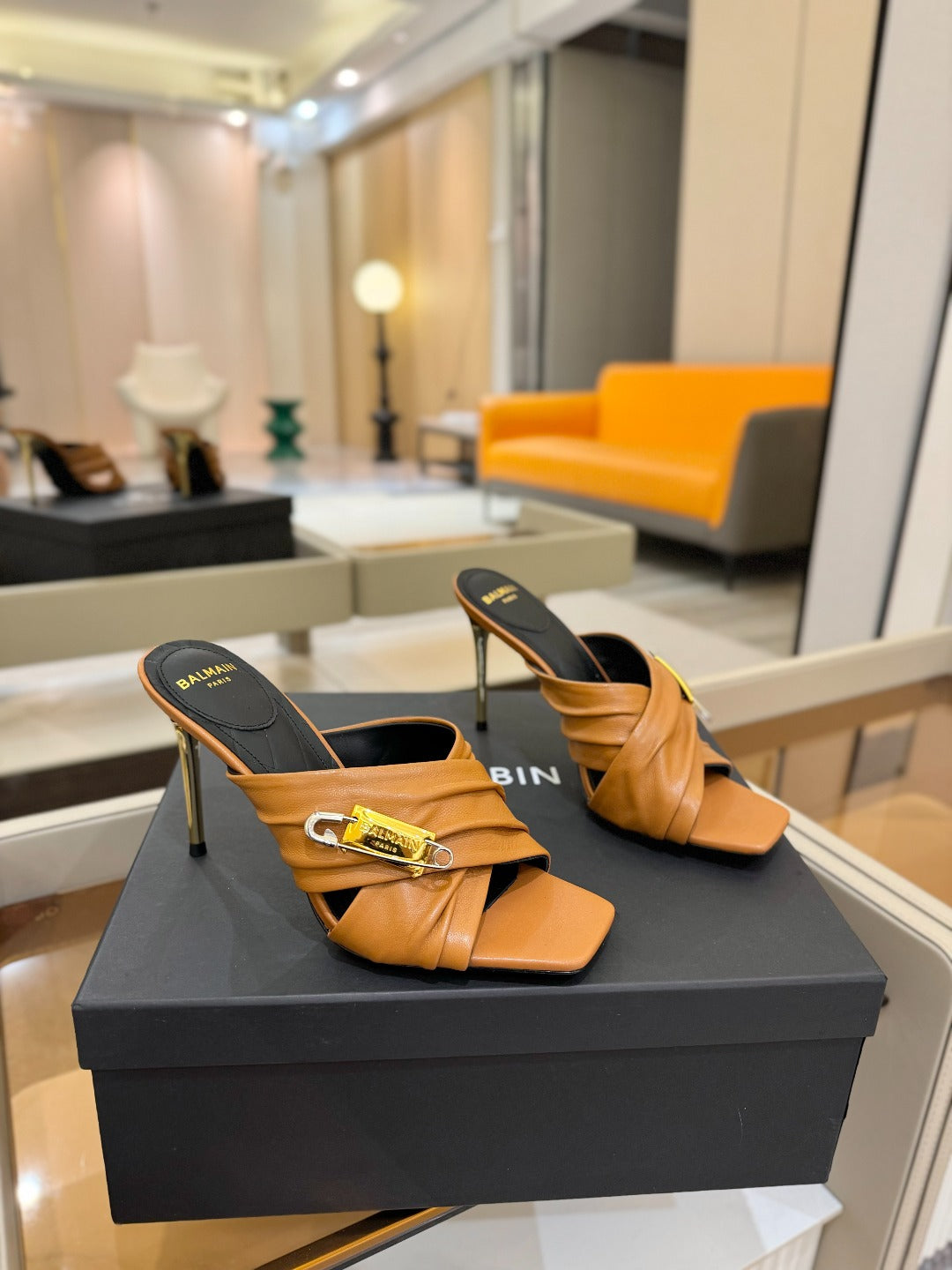 BALMAIN 25S HIGH HEEL SANDALS 95MM IN BROWN CALFSKIN - 36