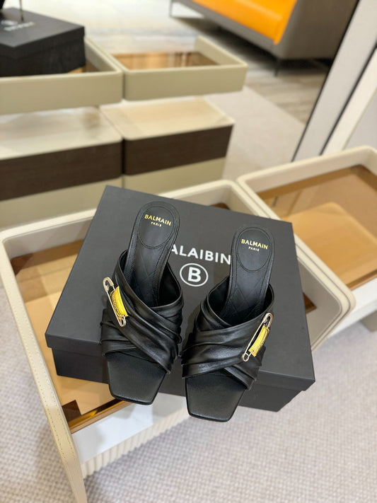 BALMAIN 25S HIGH HEEL SANDALS 95MM IN BLACK CALFSKIN - 36