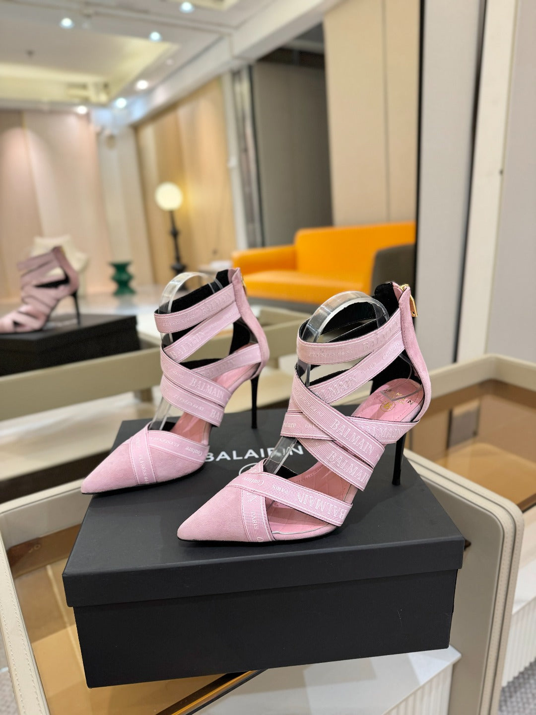 BALMAIN 25S HIGH HEELS LOGO RIBBON 95MM IN PINK SUEDE - 36