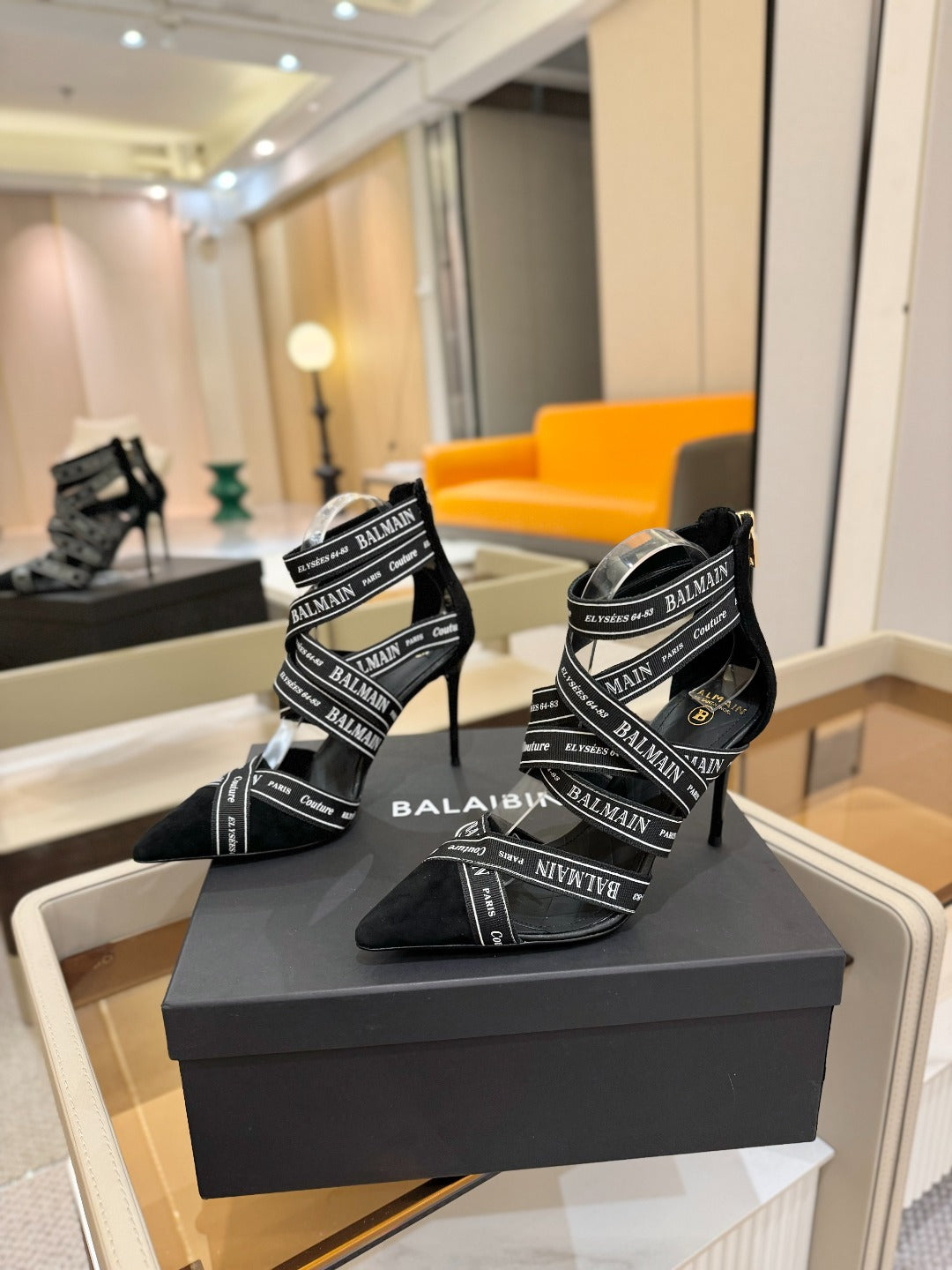 BALMAIN 25S HIGH HEELS LOGO RIBBON 95MM IN BLACK FULL SUEDE - 36