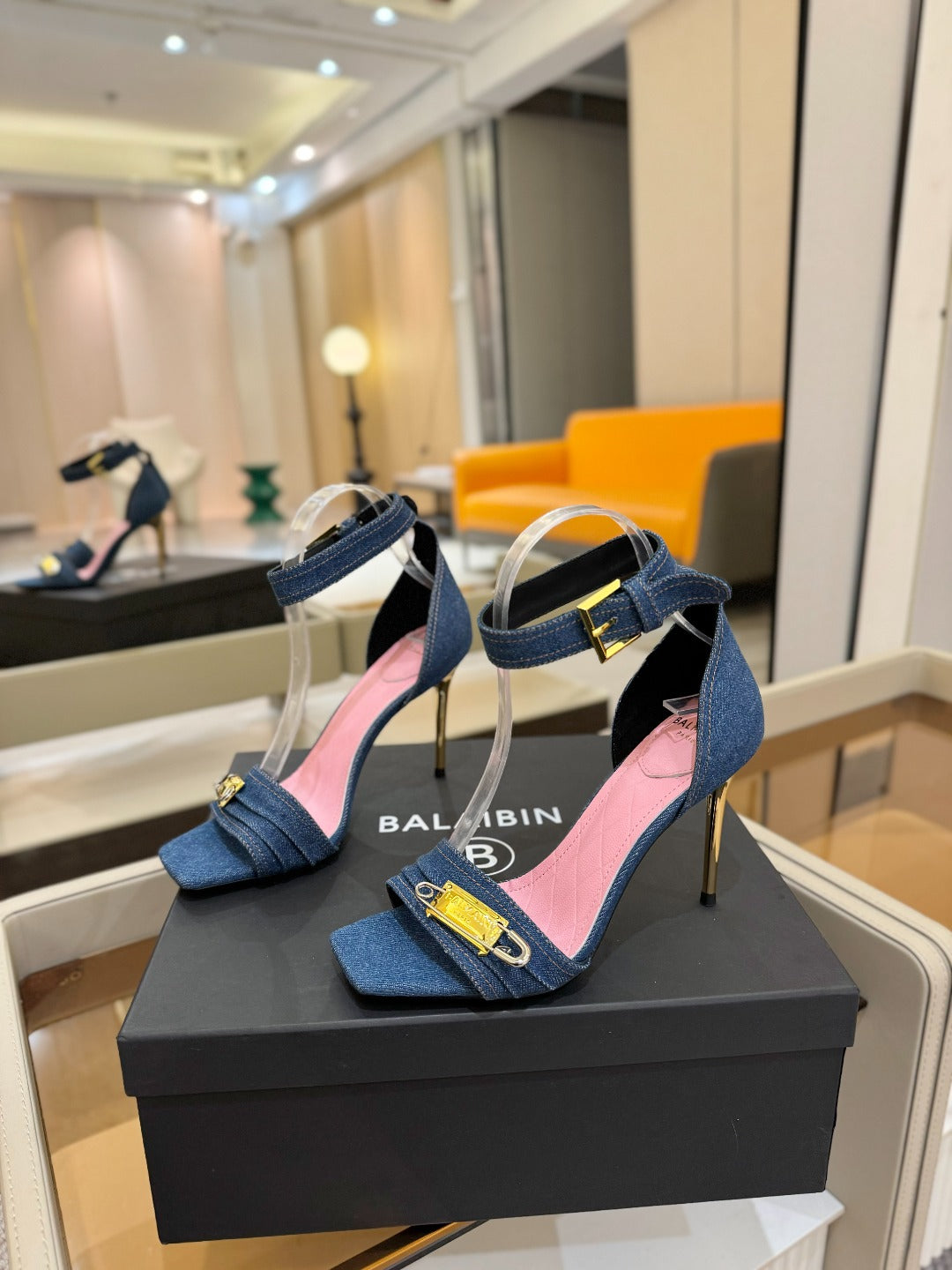 BALMAIN 25S HIGH HEELS 95MM IN BLUE DENIM - 36