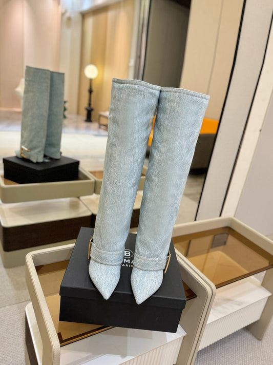 ЧОБОТИ BALMAIN 26S KNEE-HIGH ЗАВВИШКИ 100 ММ ІЗ СВІТЛО-БЛАКИТНОГО ДЕНІМУ