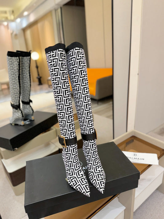 ЧОБОТИ BALMAIN 26S ВИСОКІ 75 ММ ЧОРНО-БІЛІ З МАТЕРІАЛУ FLYKNIT