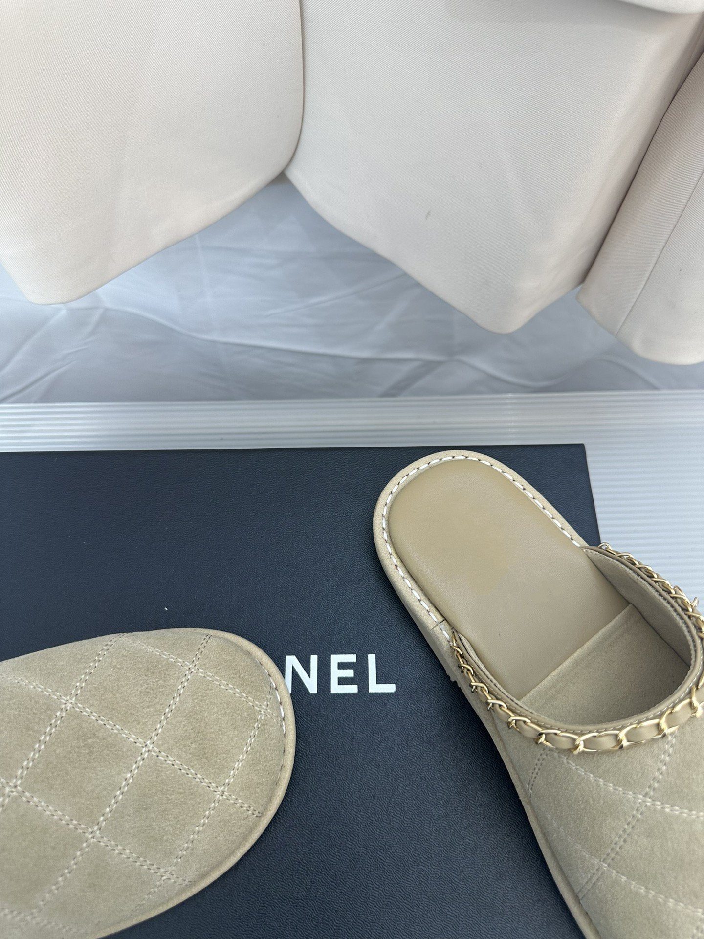 CC Khaki Green Suede Gold Chain Mules - 35