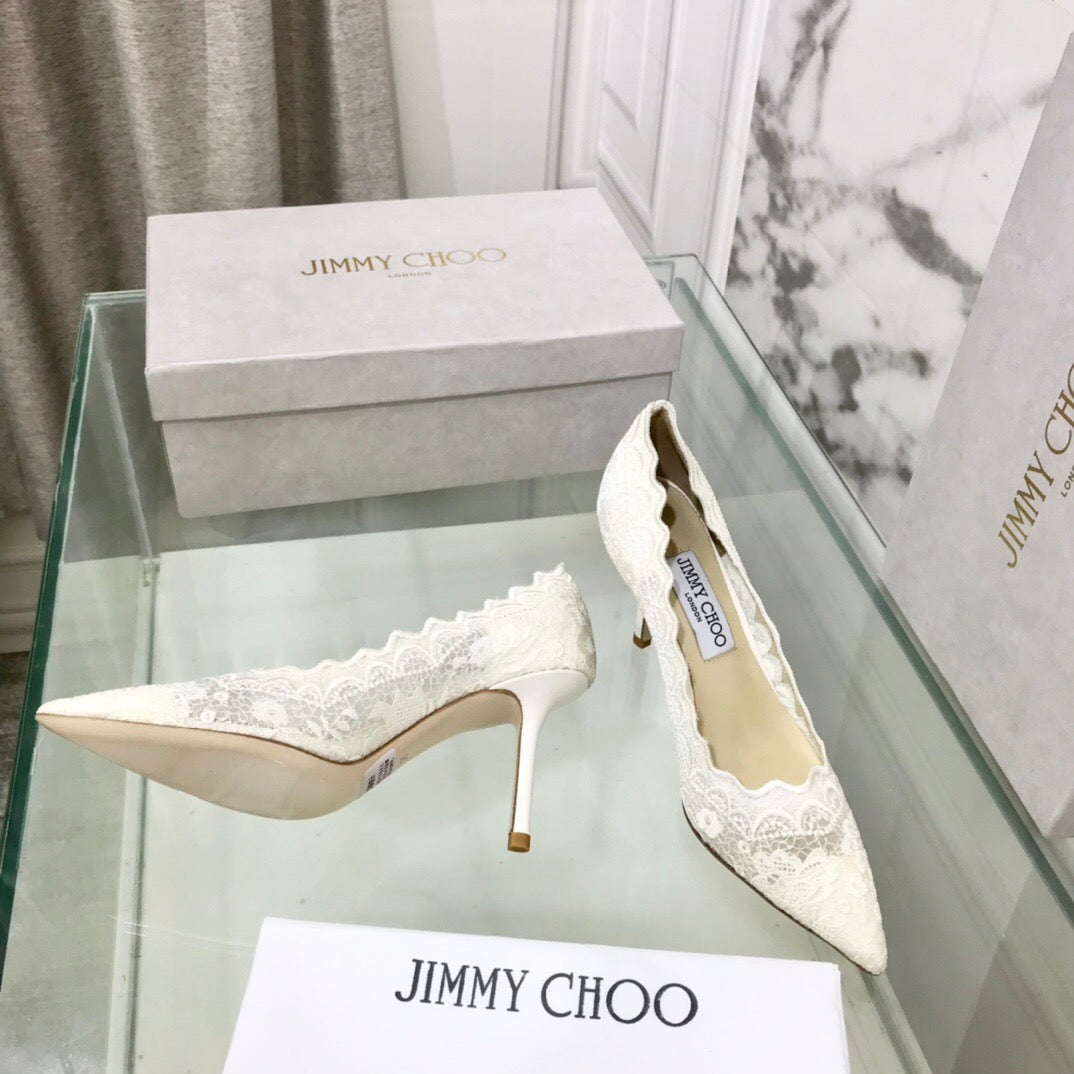 JIMMY CHOO 26S ТУФЛІ-ЛОДОЧКИ З ФІГУРНИМ КРАЄМ ТА МЕРЕЖИВОМ, 85 ММ, БІЛА ТКАНИНА