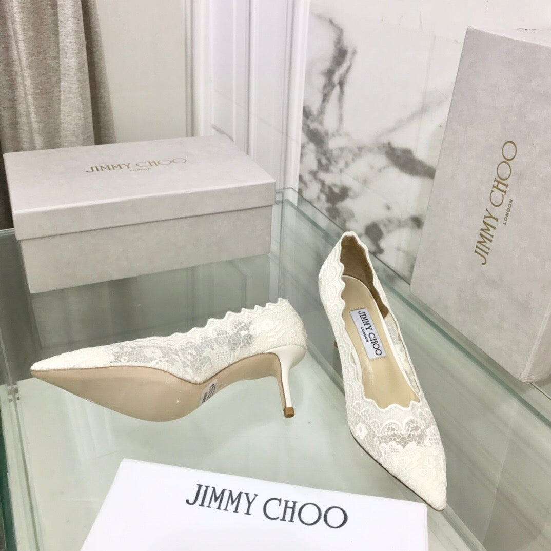 JIMMY CHOO 26S ТУФЛІ-ЛОДОЧКИ З ФІГУРНИМ КРУЖЕВОМ 65 ММ З БІЛОЇ ТКАНИНИ