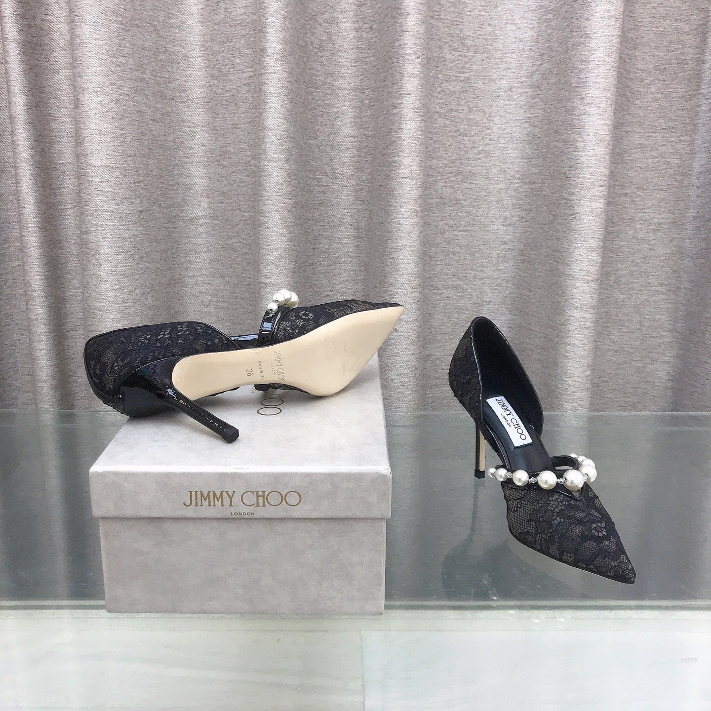 JIMMY CHOO 26S ТУФЛІ НА ВИСОКИХ ПІДБОРАХ 85 ММ З ЧОРНОГО МЕРЕЖИВА, ПРИКРАШЕНІ ПЕРЛАМИ