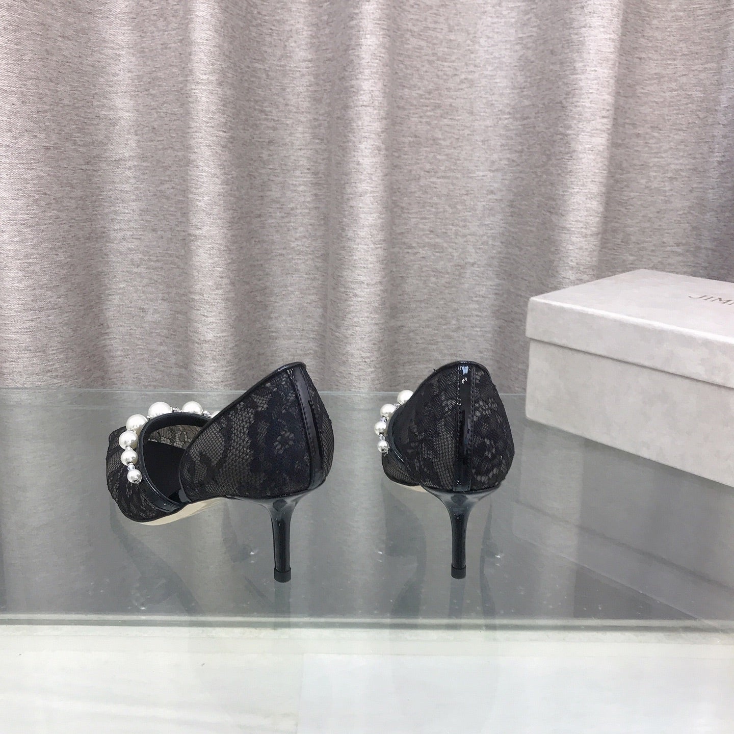 JIMMY CHOO 26S ТУФЛІ НА ВИСОКИХ ПІДБОРАХ 65 ММ З ЧОРНОГО МЕРЕЖИВА, ПРИКРАШЕНІ ПЕРЛАМИ