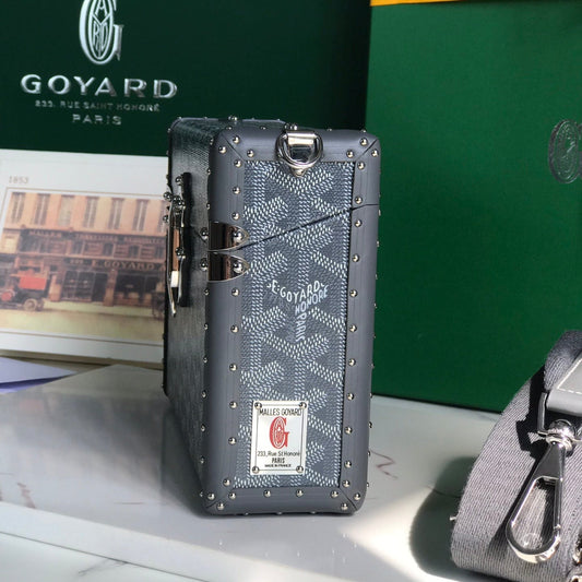 Сумка-скриня CASSETTE TRUNK BAG 21 з сірої тканини GOYARDINE та волової шкіри CLAMECY