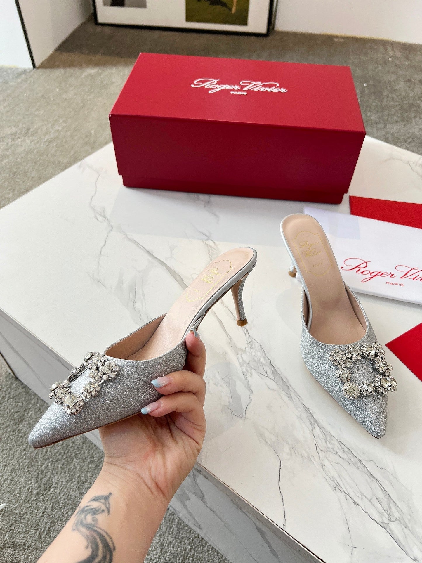 EFFLORESCENCE MULES IN SILVER SATIN EMBELLISHED GLITTER - 34