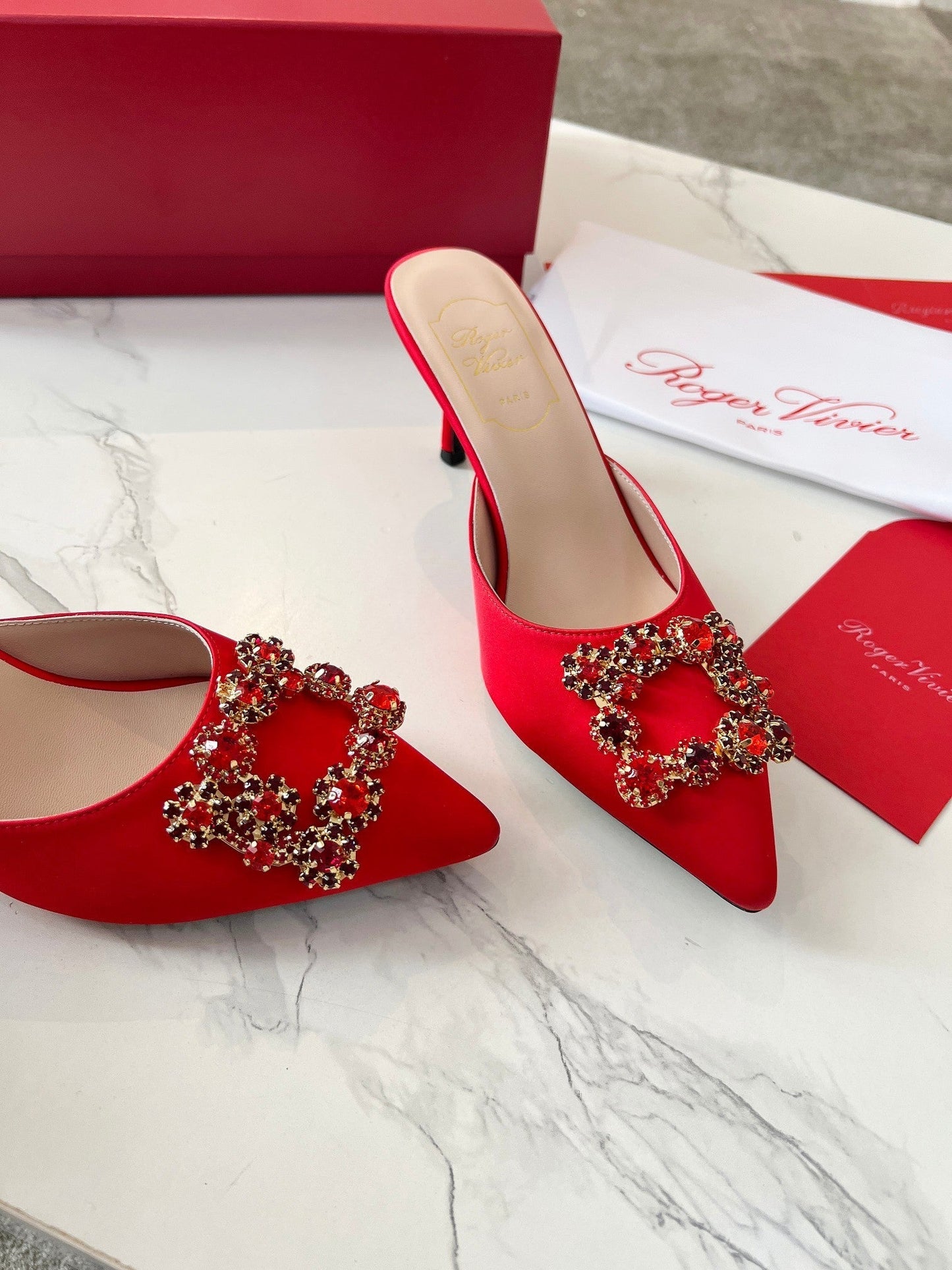 EFFLORESCENCE MULES IN RED SATIN - 34