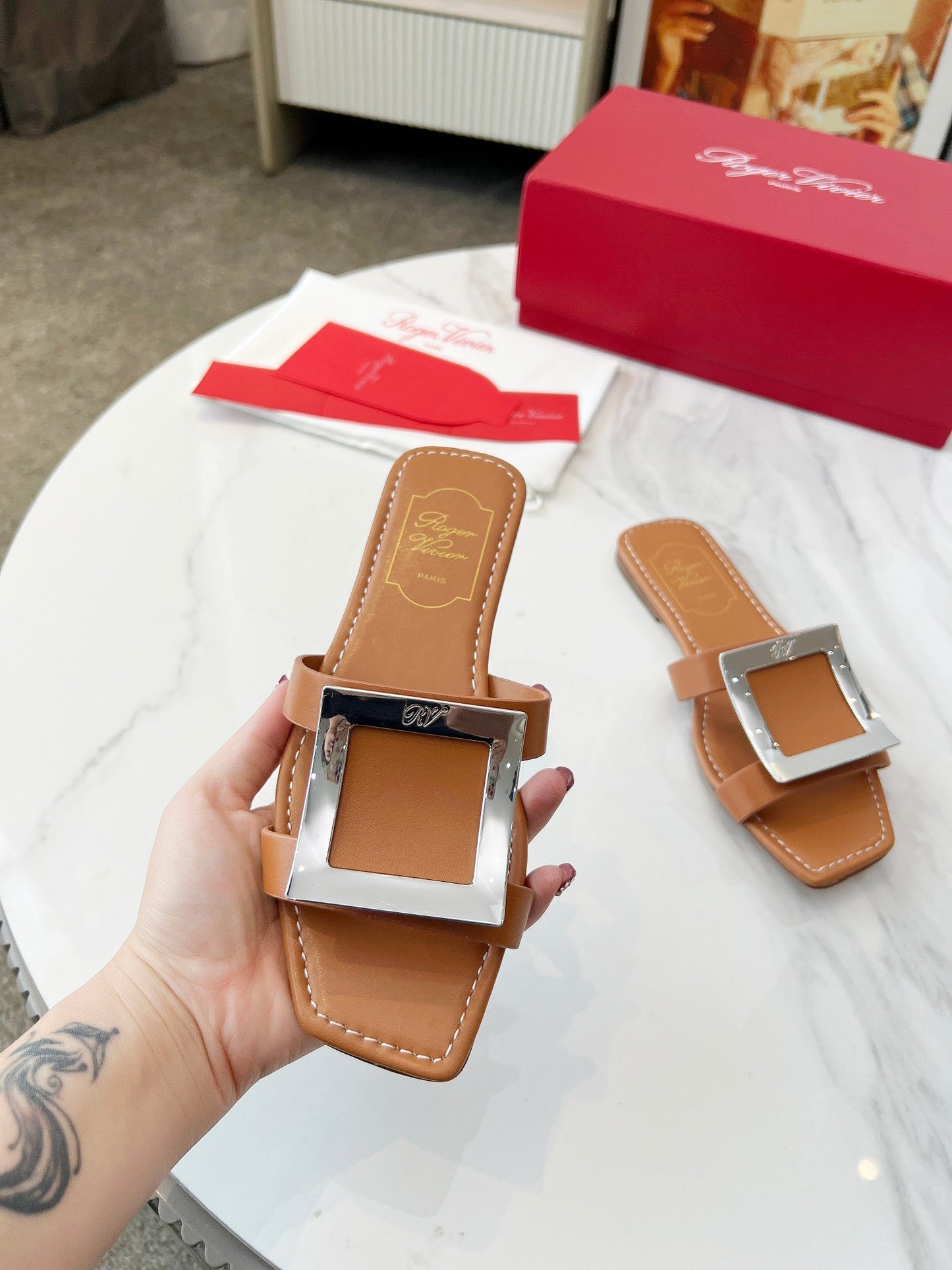 VIV' BY THE SEA MULES IN BRONZE BROWN CALFSKIN SILVER BUCKLE - 34