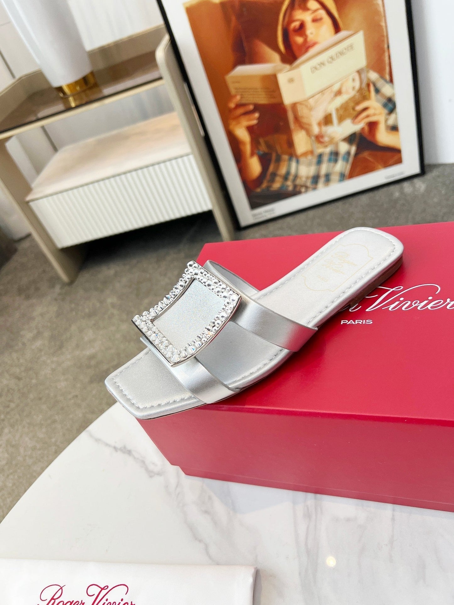 VIV' BY THE SEA MULES IN SILVER CALFSKIN CRYSTAL BUCKLE - 34