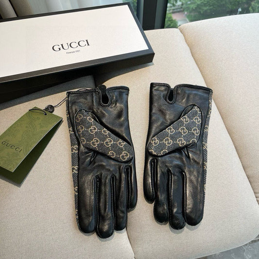 HORSEBIT GLOVES IN STONE BLUE MONOGRAM JACQUARD FABRIC MIX BLACK SHEEPSKIN 456333 - M