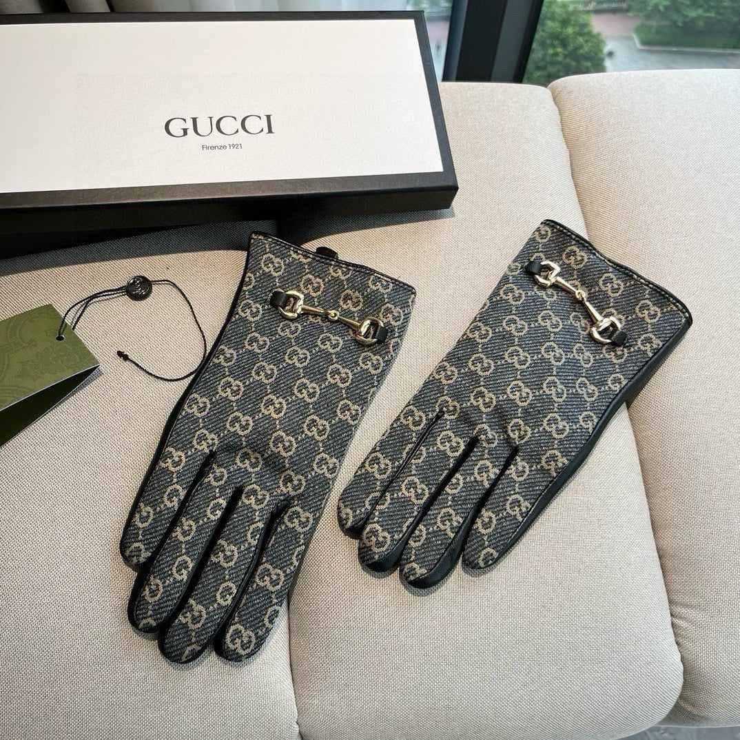 HORSEBIT GLOVES IN STONE BLUE MONOGRAM JACQUARD FABRIC MIX BLACK SHEEPSKIN 456333 - M