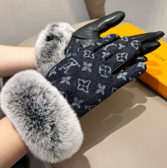 FINGERLESS GLOVES IN BLACK MONOGRAM DENIM AND LAMBSKIN WITH RABBIT FUR 458590 - M