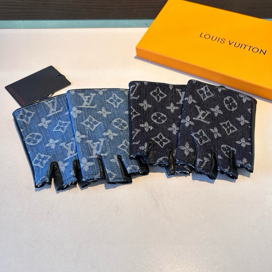 FINGERLESS GLOVES IN ELECTRIC BLUE MONOGRAM DENIM AND BLACK LAMBSKIN 460107 - M