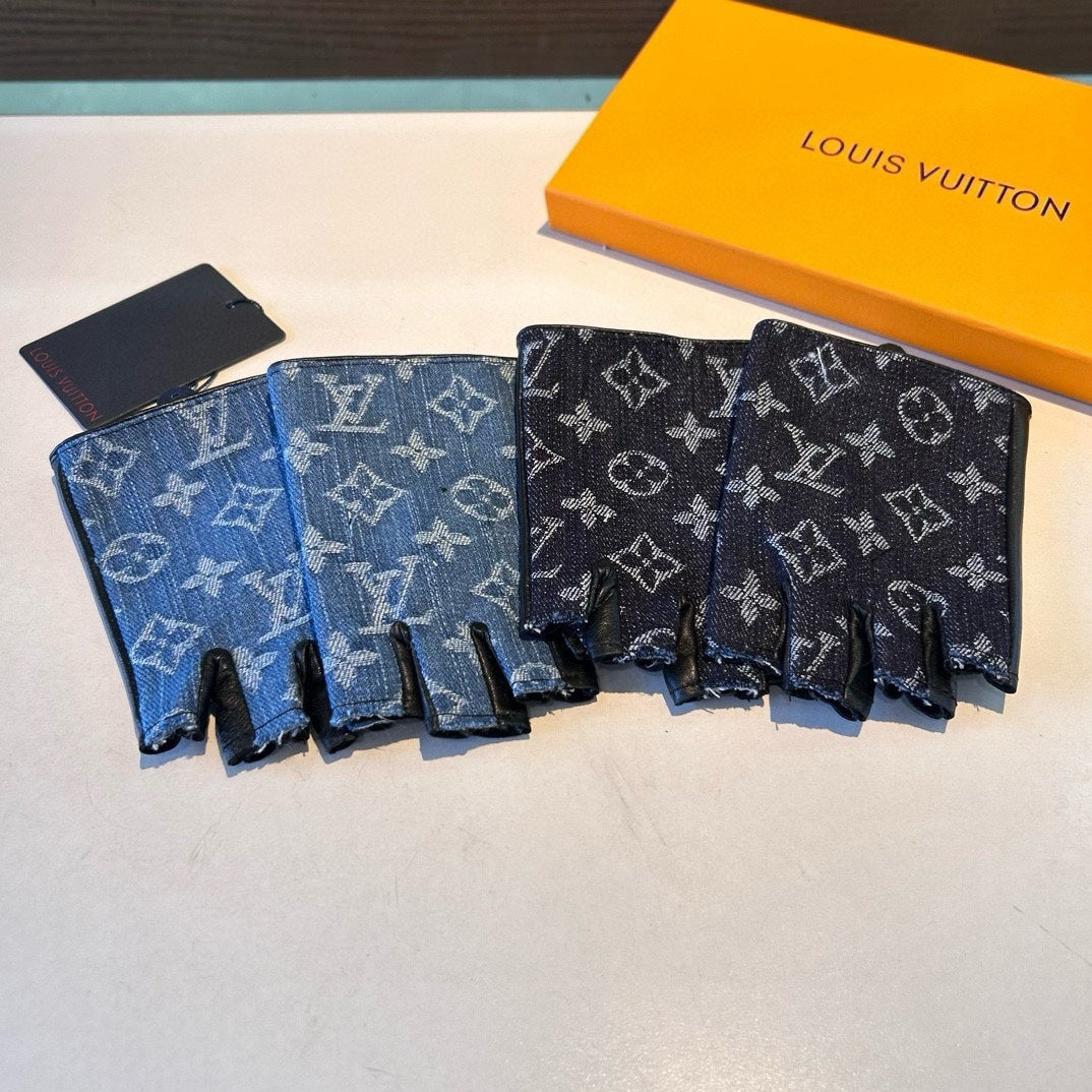 FINGERLESS GLOVES IN BLACK MONOGRAM DENIM AND LAMBSKIN 460108 - M