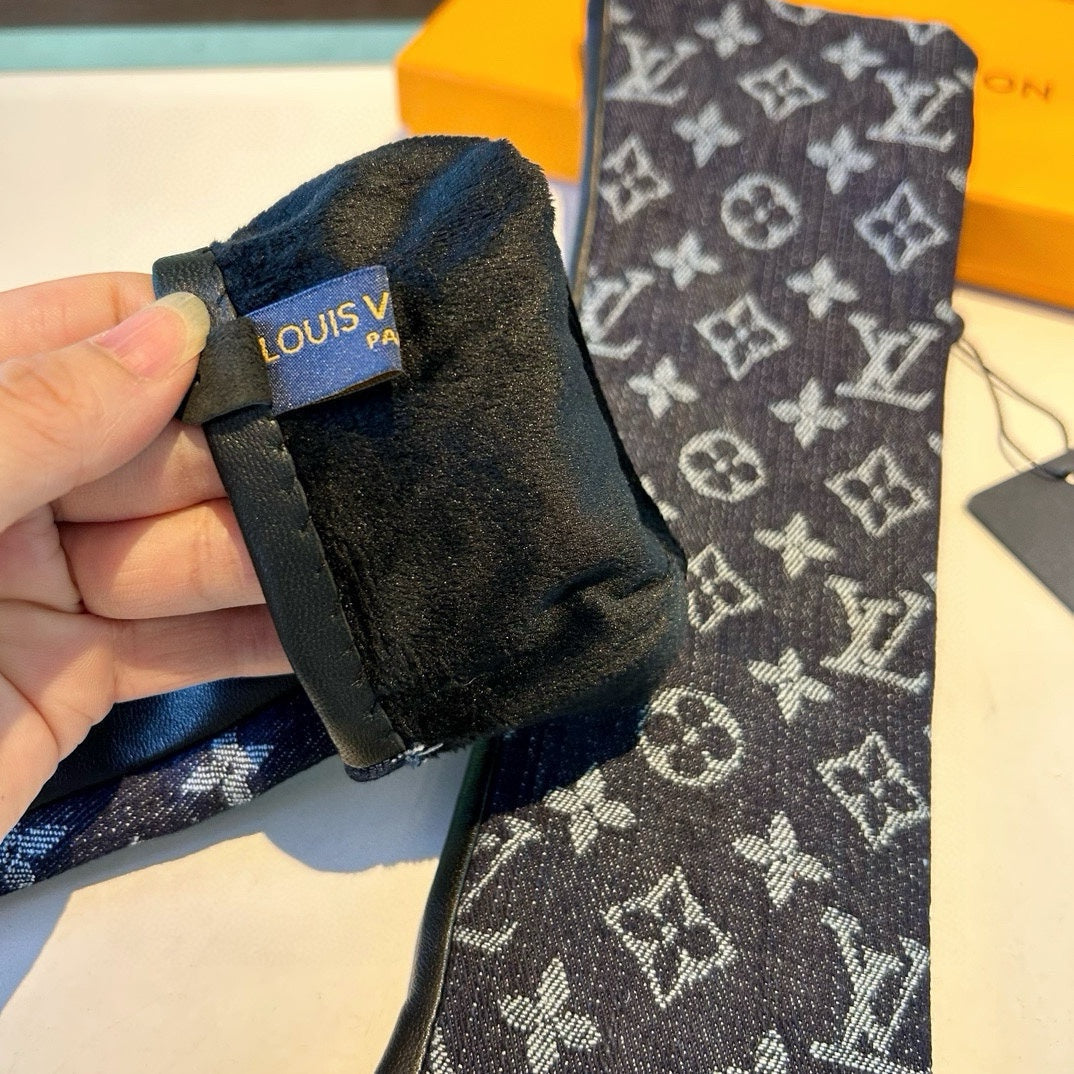FINGERLESS LONG GLOVES IN BLACK MONOGRAM DENIM AND LAMBSKIN - M