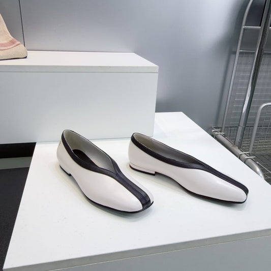 CHANEL 26S SQUARE-TOE FLATS IN WHITE LAMBSKIN WITH BLACK TRIM