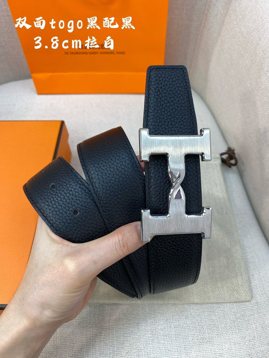 HM H BELT BUCKLE & REVERSIBLE BLACK LEATHER STRAP 38MM SILVER HARDWARE - 30