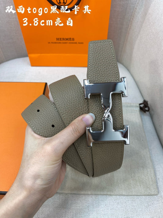 HM H BELT BUCKLE & REVERSIBLE CAMEL BROWN LEATHER STRAP 38MM SILVER HARDWARE - 30
