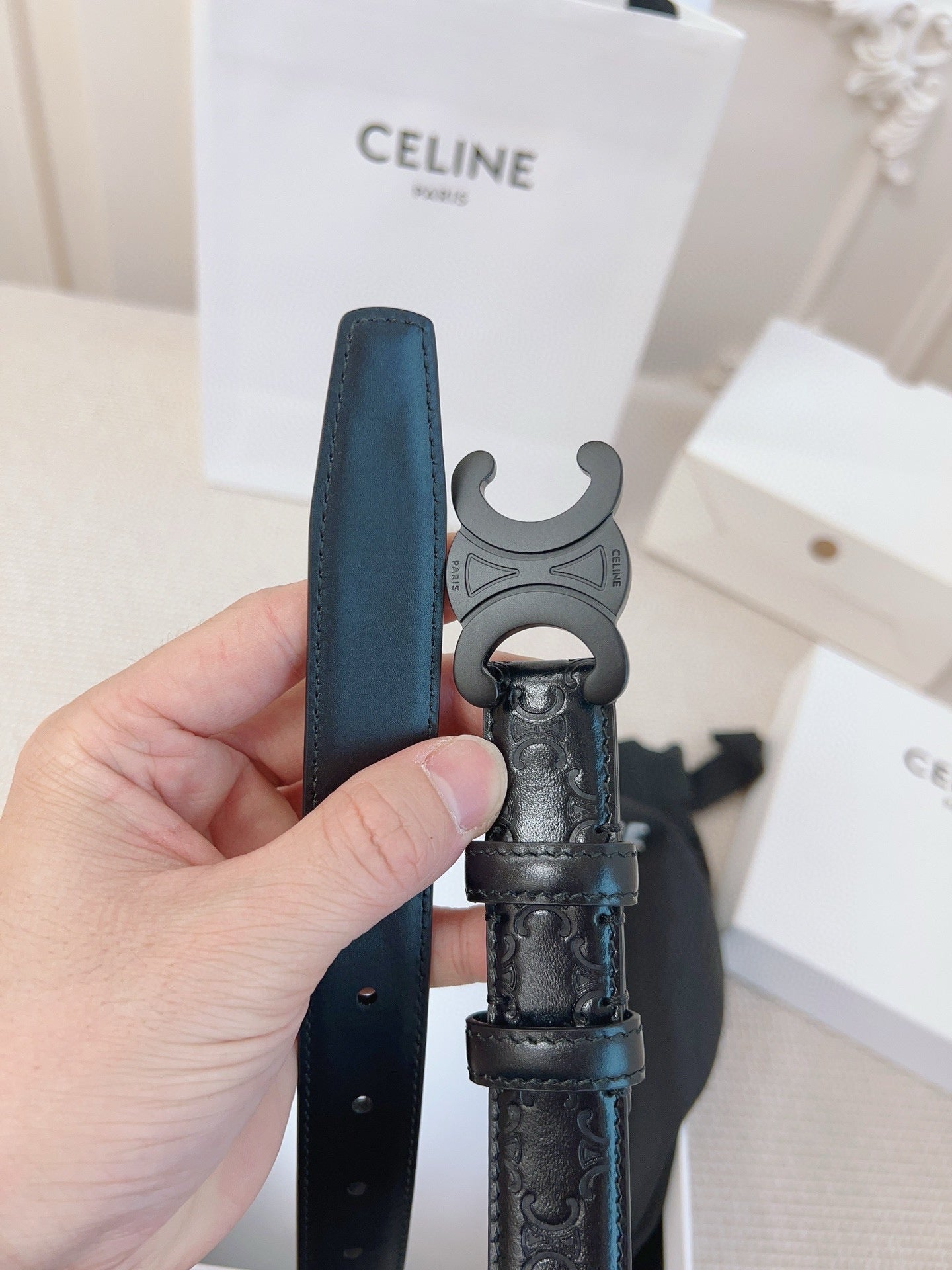 CELINE 25S BELT 25MM TRIOMPHE IN BLACK CALFSKIN 563334 - 26 - 28