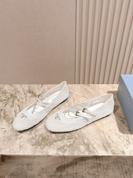 PRADA 25S BALLERINAS BALLET FLATS IN WHITE MESH FABRIC - 35
